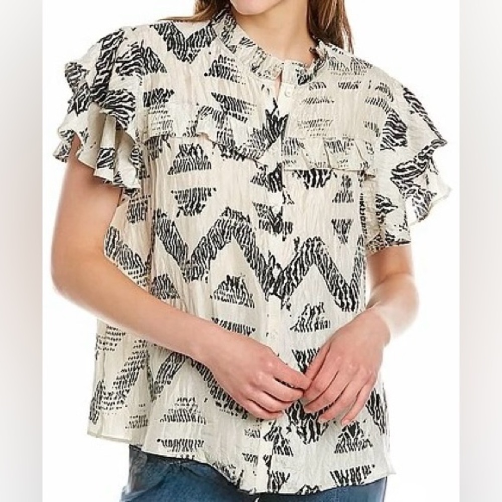 Joie Sidera Silk Pleated Flutter Sleeve Short Sleeve Top Sz M Cream/Black Nwt